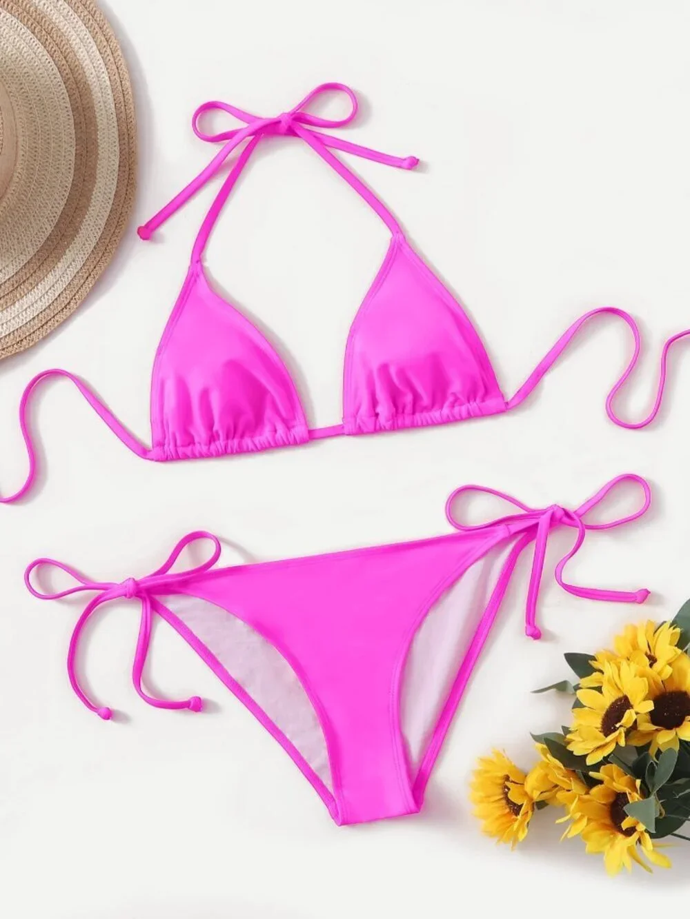 Hot Pink Cute Women's Beach Halter Triangle Bra Tie Side Bottom Bikini Set